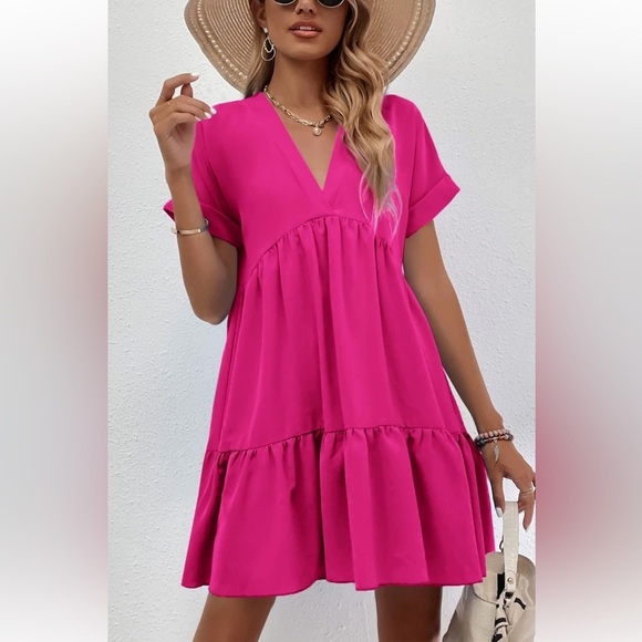 Bright Pink V-Neck Short Dress - Picture 1 of 7